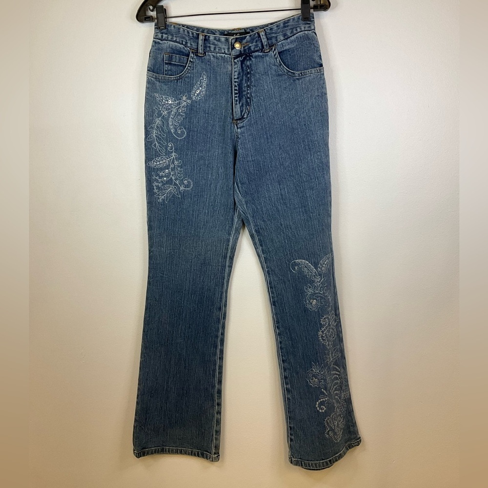 IOS Jeans Women’s 6 Blue Y2K Bootcut Embroidered Embellished Silver 5 Pocket Zip